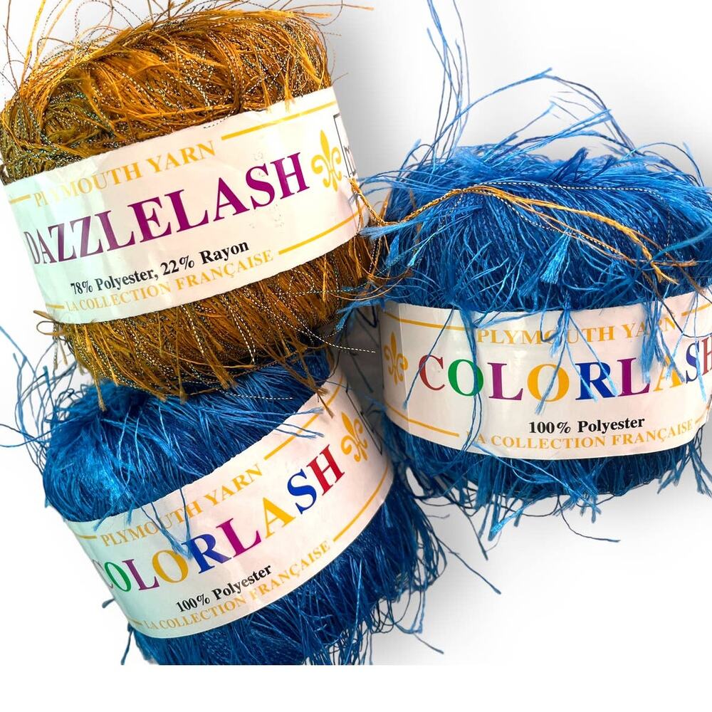 3 Skeins Plymouth Yarn COLORLASH #32 Blue & DAZZLELASH #105 Gold Eyelash Ribbon